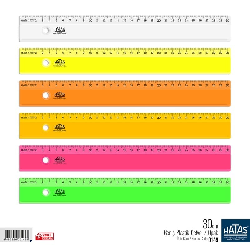 Hatas 30 cm Geniş Plastik Cetvel / Opak 1 Adet