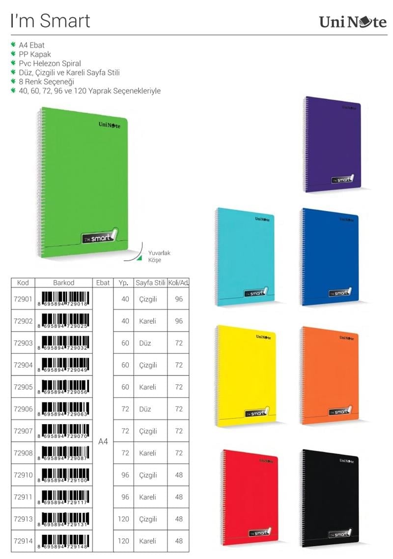 I'am Smart PP Kapak A4 Dikişli 80 Yaprak Kareli Defter 12'li Paket