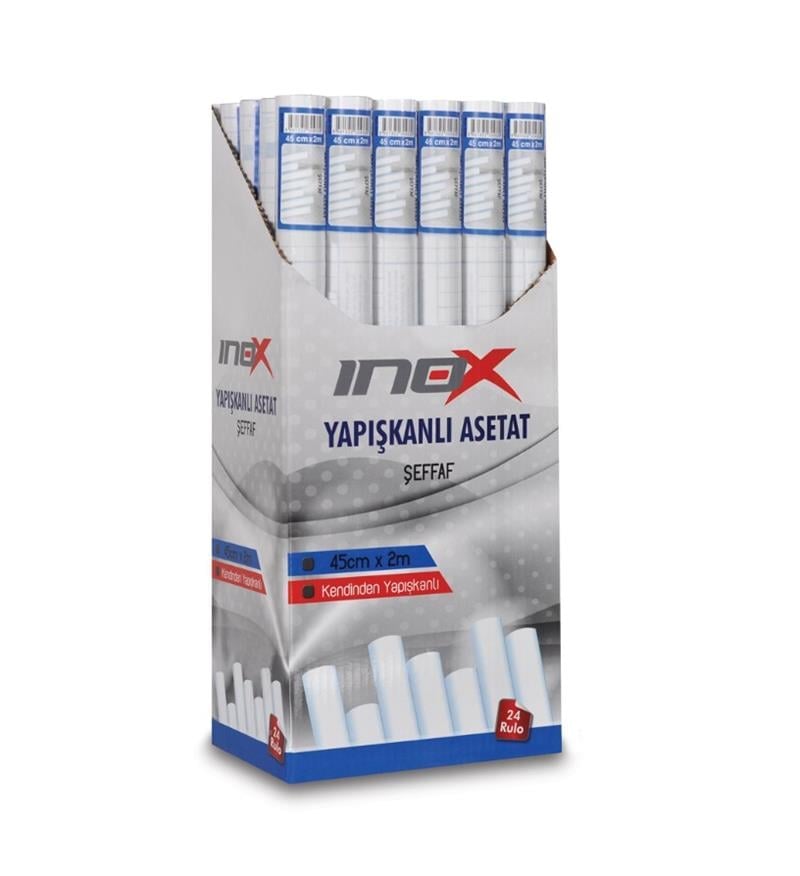 İnox Yapışkanlı Asetat 45cmx2m Şeffaf 24’lü Stand