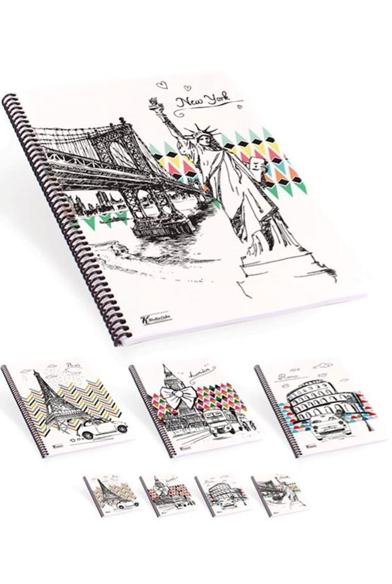 Keskin Defter A4 Spralli Plastik Kapak World Cities 80 Yaprak Kareli 