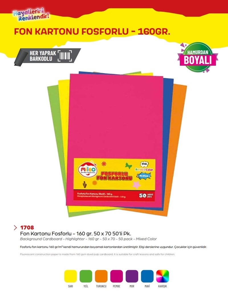 Mas Mileo Fon Kartonu Fosforlu 160gr 50x70 50’li Paket Karışık Renk Hamurdan Boyalı 1708