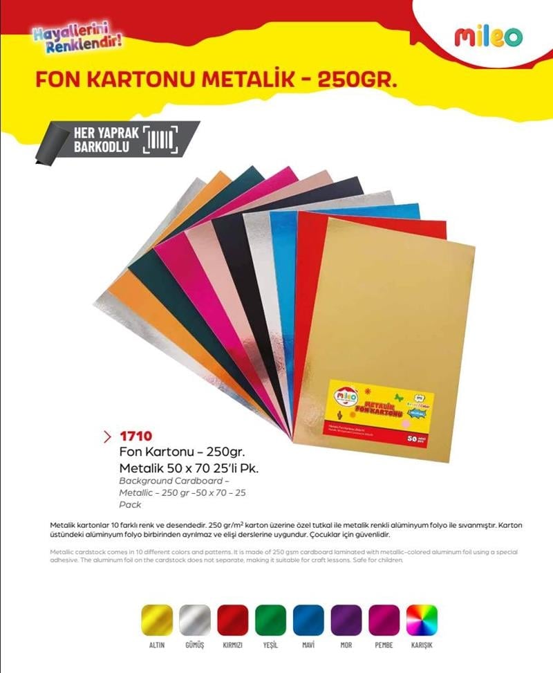 Mas Mileo Fon Kartonu Metalik 250gr 50x70 25’li Paket Gümüş Hamurdan Boyalı 1710