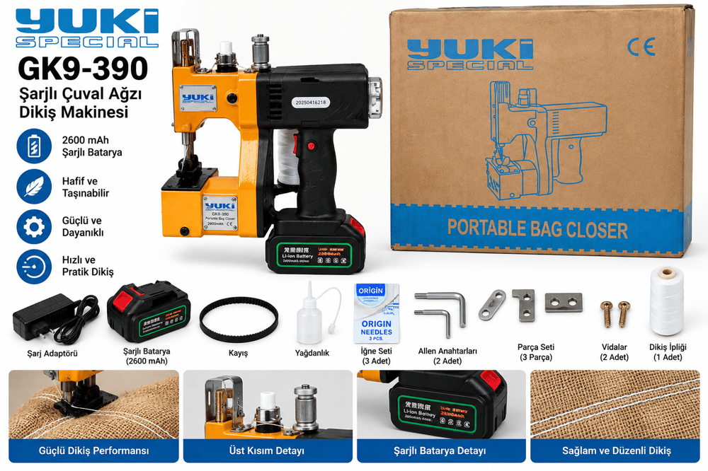 Yuki GK9-390 Şarjlı Çuval Ağzı Dikiş Makinesi 2600 mAh