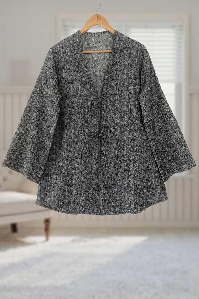 Antrasit Kırçıllı Önü Bağlamalı Kimono Tunik / Likralı Ütü İstemez Kumaş