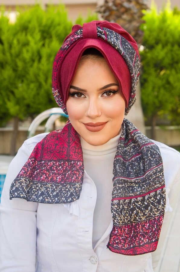 Bordo Etnik Desen Şapkalı Bone