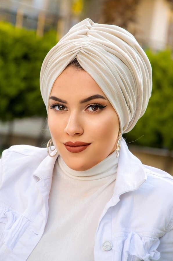 Ekru Işıltılı Drapeli Dolgulu Bone