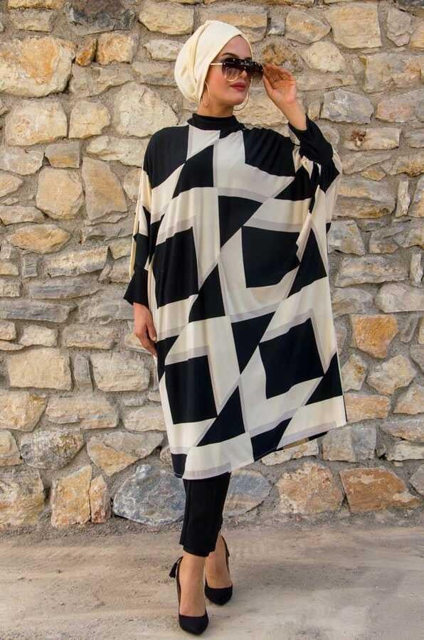 Ekru Siyah Kareli Oversize Tesettür Tunik
