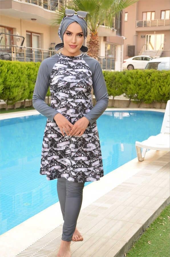 Füme Siyah Desenli Tesettür Mayo Takım