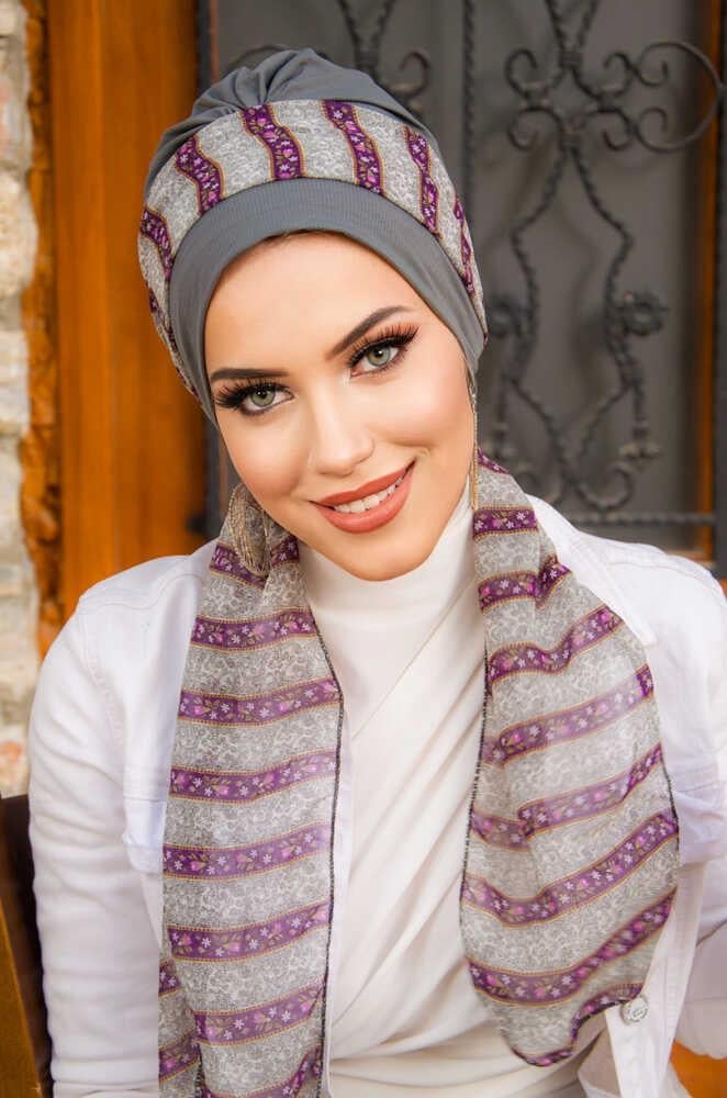 Gri Pudra Fularlı Bone