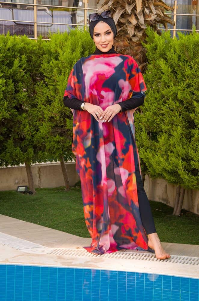 Kırmızı Tonlu Batik Desenli Tesettür Pareo