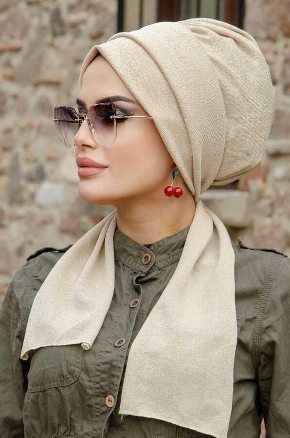 Krem Simli Atkılı Tesettür Bone