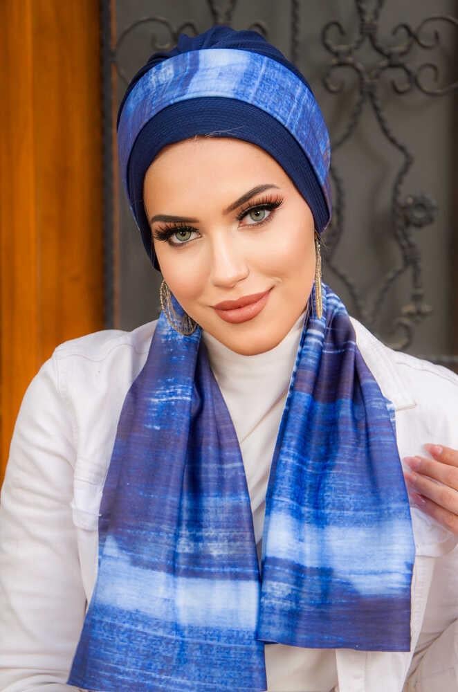 Lacivert Batik Desen Fularlı Bone
