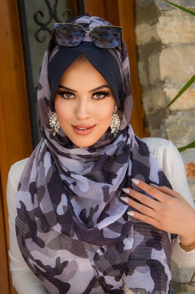 Lacivert Beyaz Kamuflaj Pilise Şapkalı Şal