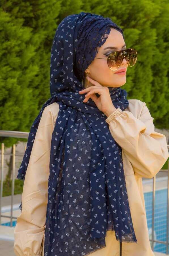 Lacivert Çiçekli Koton Bandana Şal - 50100