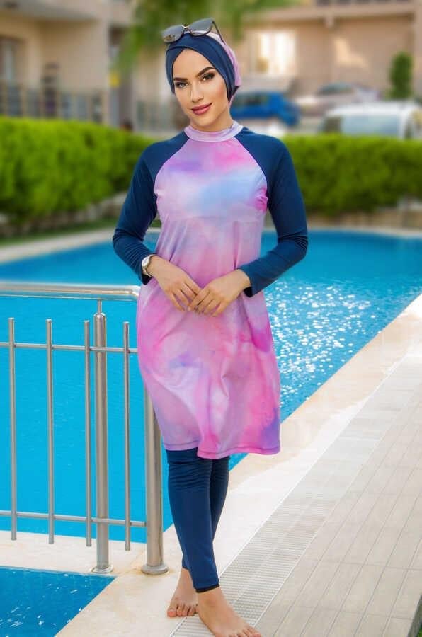 Lacivert Pudra Batik Tesettür Mayo Takım