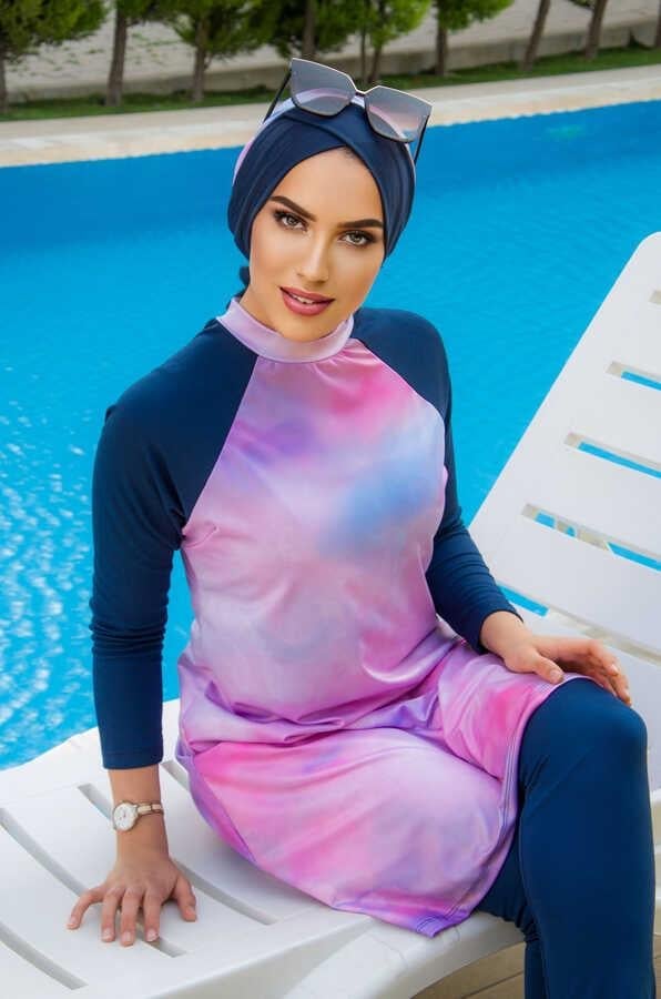 Lacivert Pudra Batik Tesettür Mayo Takım