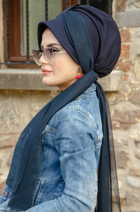 Lacivert Şapkalı Fularlı Şapka Bone