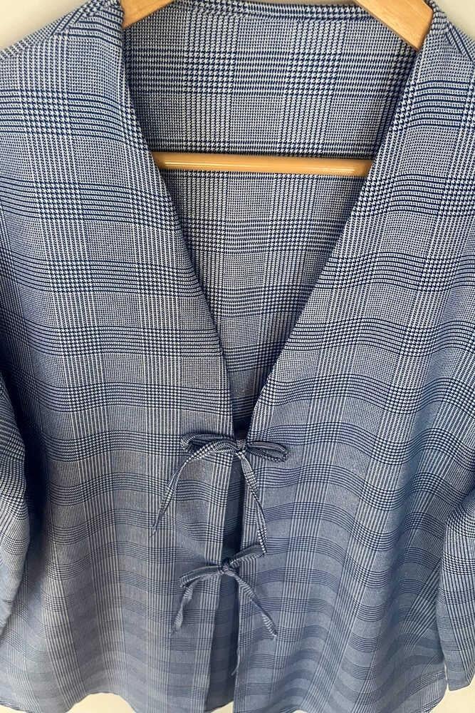 Mavi Ekose Önü Bağlamalı Kimono Tunik / 85 CM BOY