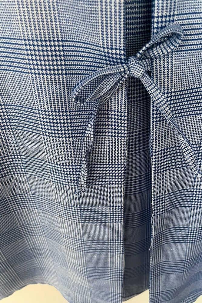 Mavi Ekose Önü Bağlamalı Kimono Tunik / 85 CM BOY