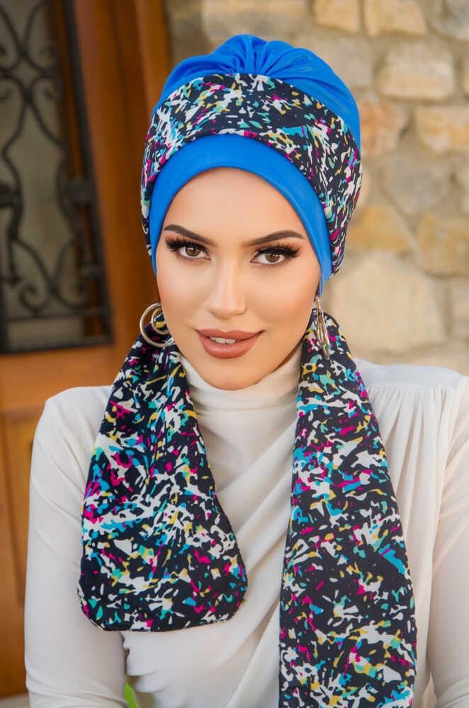 Mavi Siyah Puan Fularlı Bone