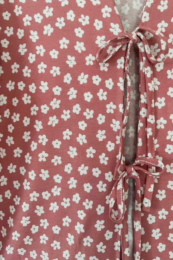 Pudra Çiçekli Önü Bağlamalı Kimono Tunik / Ütü İstemez 85 CM BOY