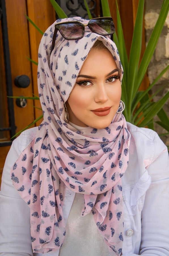 Pudra Lacivert Desenli Şapka Şal
