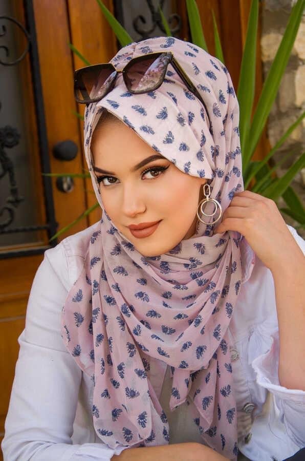 Pudra Lacivert Desenli Şapka Şal
