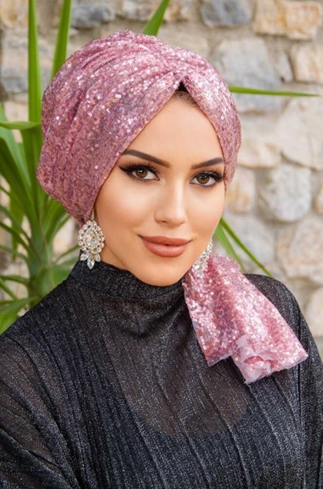 Pudra Payetli Abiye Tokalı Bone