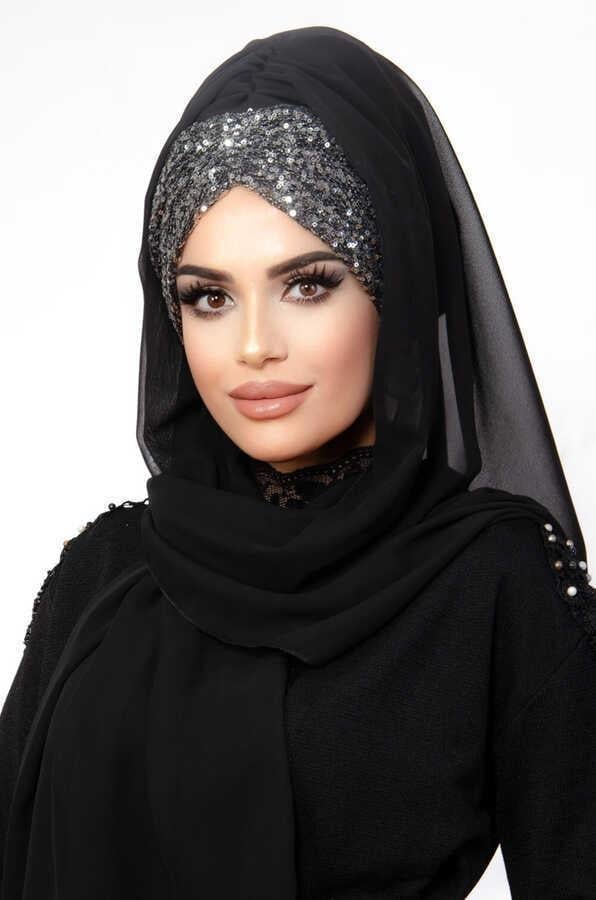 Siyah Antrasit Pul Payetli Abiye Şal