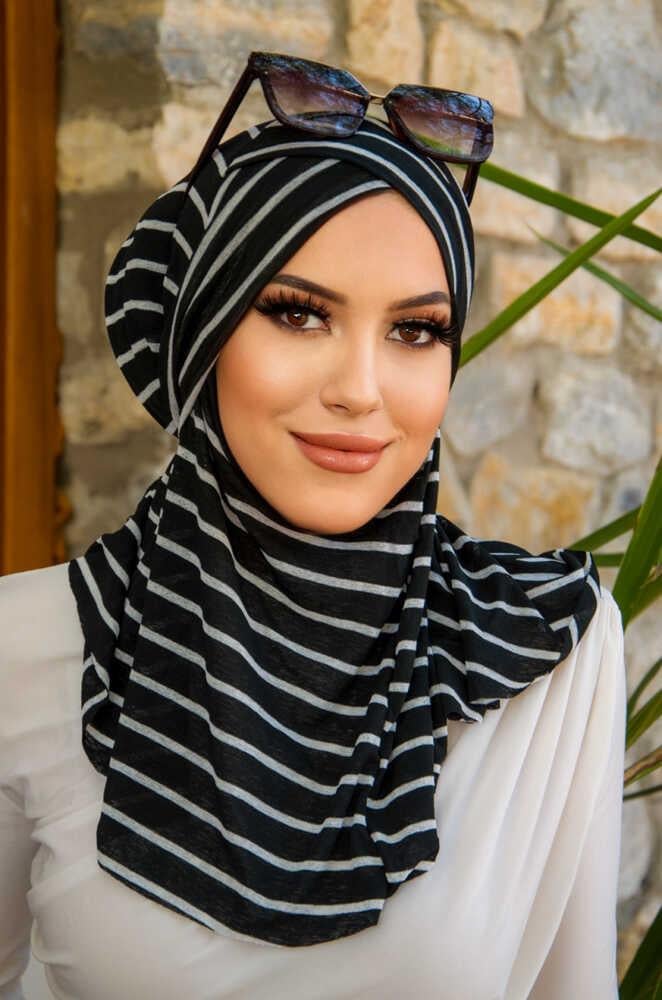 Siyah Çizgi Desenli Çapraz Bantı Medium Size - Hazır Şal
