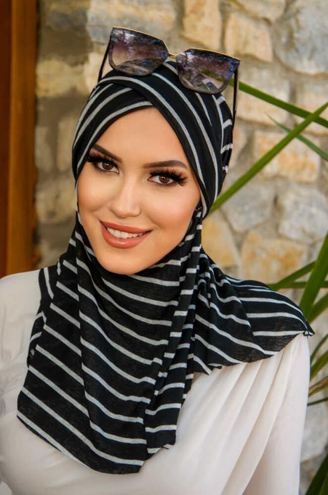 Siyah Çizgi Desenli Çapraz Bantı Medium Size - Hazır Şal