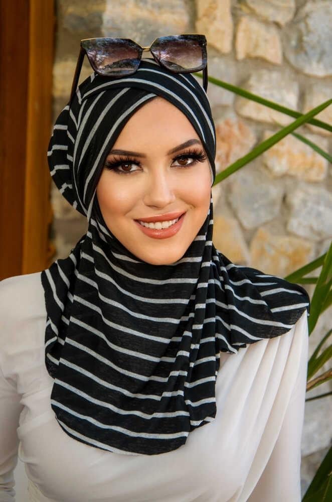 Siyah Çizgi Desenli Çapraz Bantı Medium Size - Hazır Şal