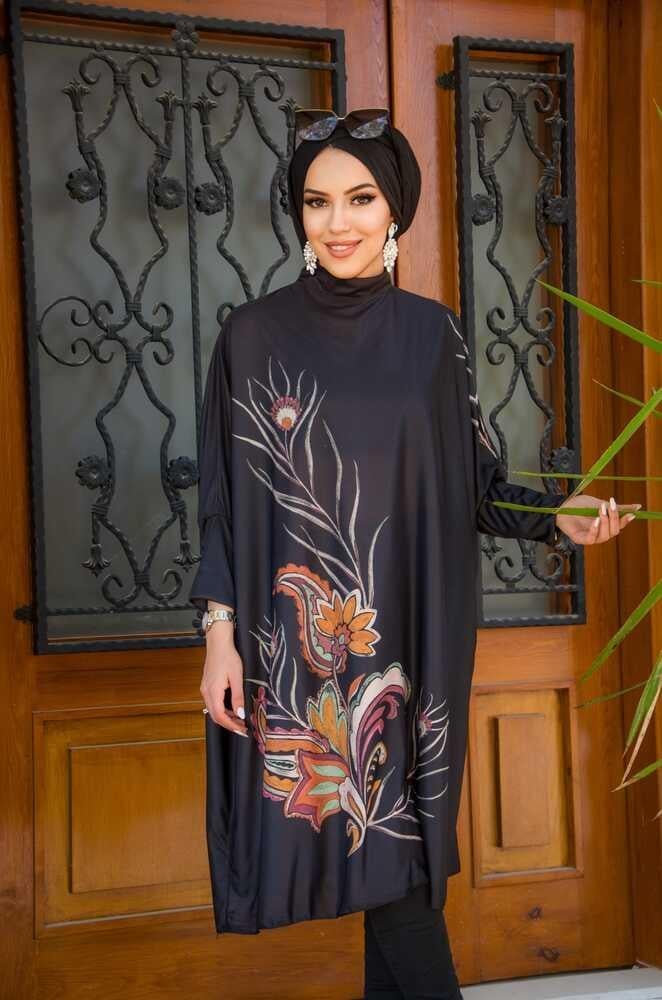 Siyah Desen Oversize Tesettür Tunik