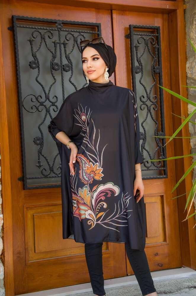 Siyah Desen Oversize Tesettür Tunik