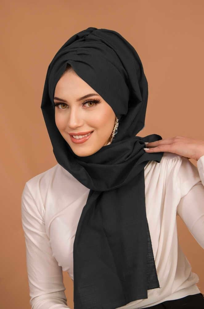 Siyah Flamlı Keten Kelebek Model Büzgülü Bone Şal