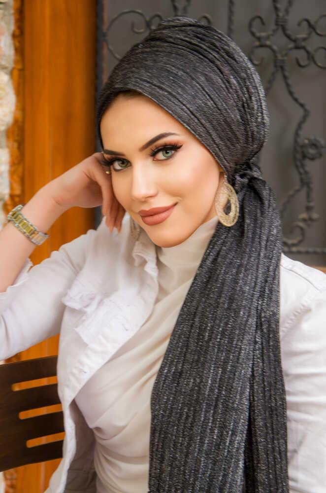 Siyah Gümüş Piliseli Kelebek Model Bantlı Abiye Bone Şal