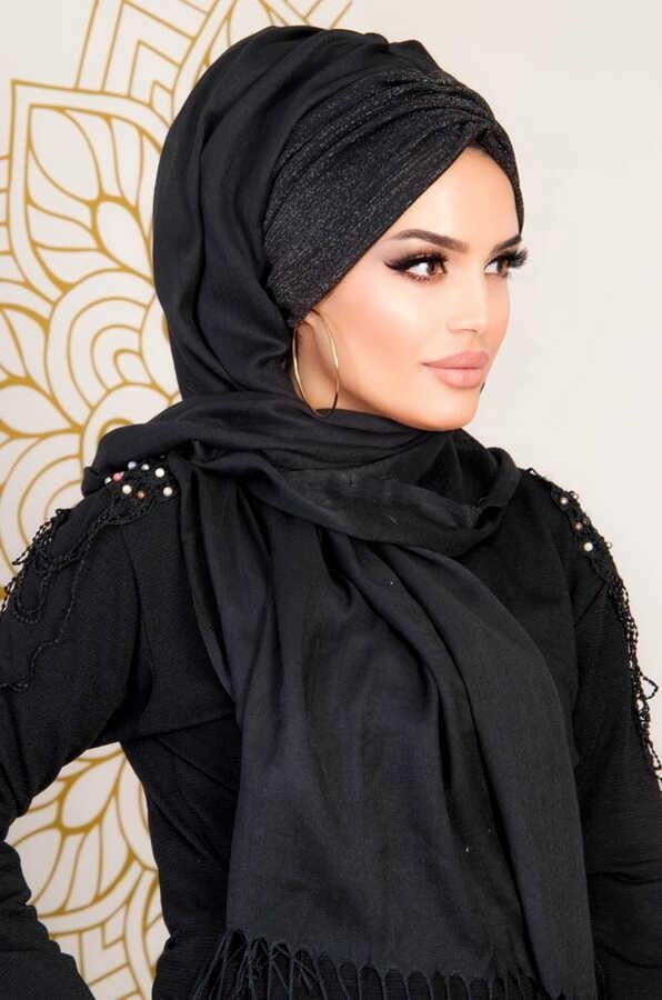 Siyah Simli Büzgülü Hazır Şal