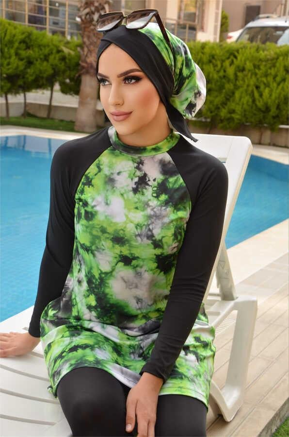 Siyah Yeşil Batik Tesettür Mayo Takım
