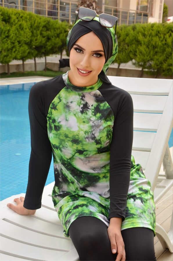 Siyah Yeşil Batik Tesettür Mayo Takım