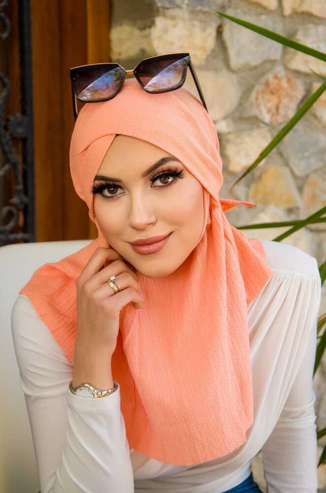 Somon Bürümcük Çapraz Bantlı Medium Size Hijab - Hazır Şal