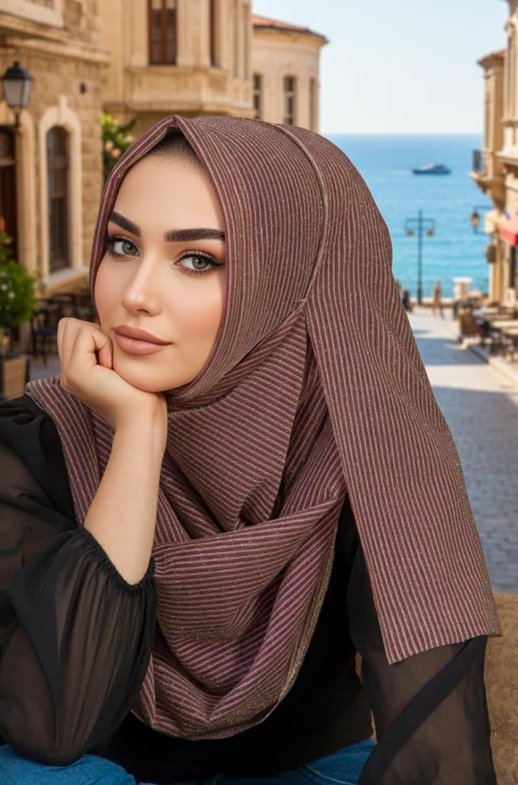 Bakır Çizgi Desenli Double Şal