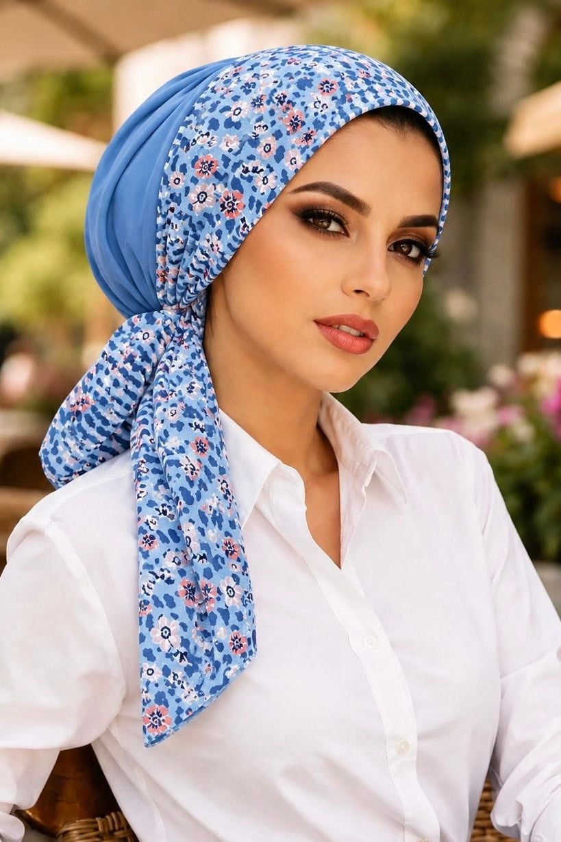 Bebe Mavi Çiçekli Eşarp Bone