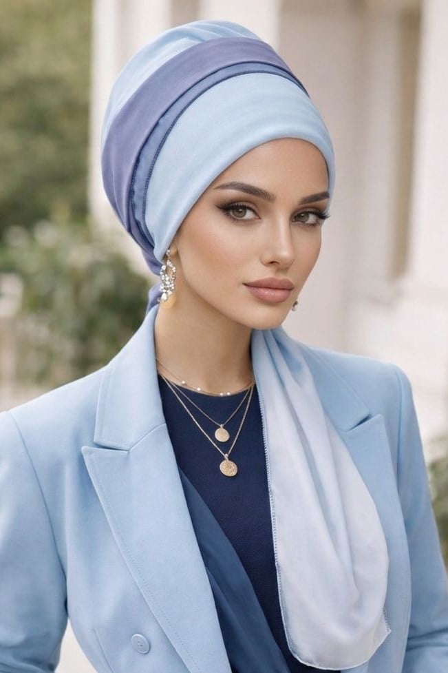 Bebe Mavi Geçişli Hazır Fularlı Bone