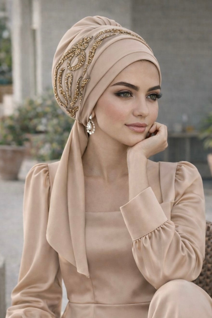 Bej Gold Motifli Atkılı Abiye Bone