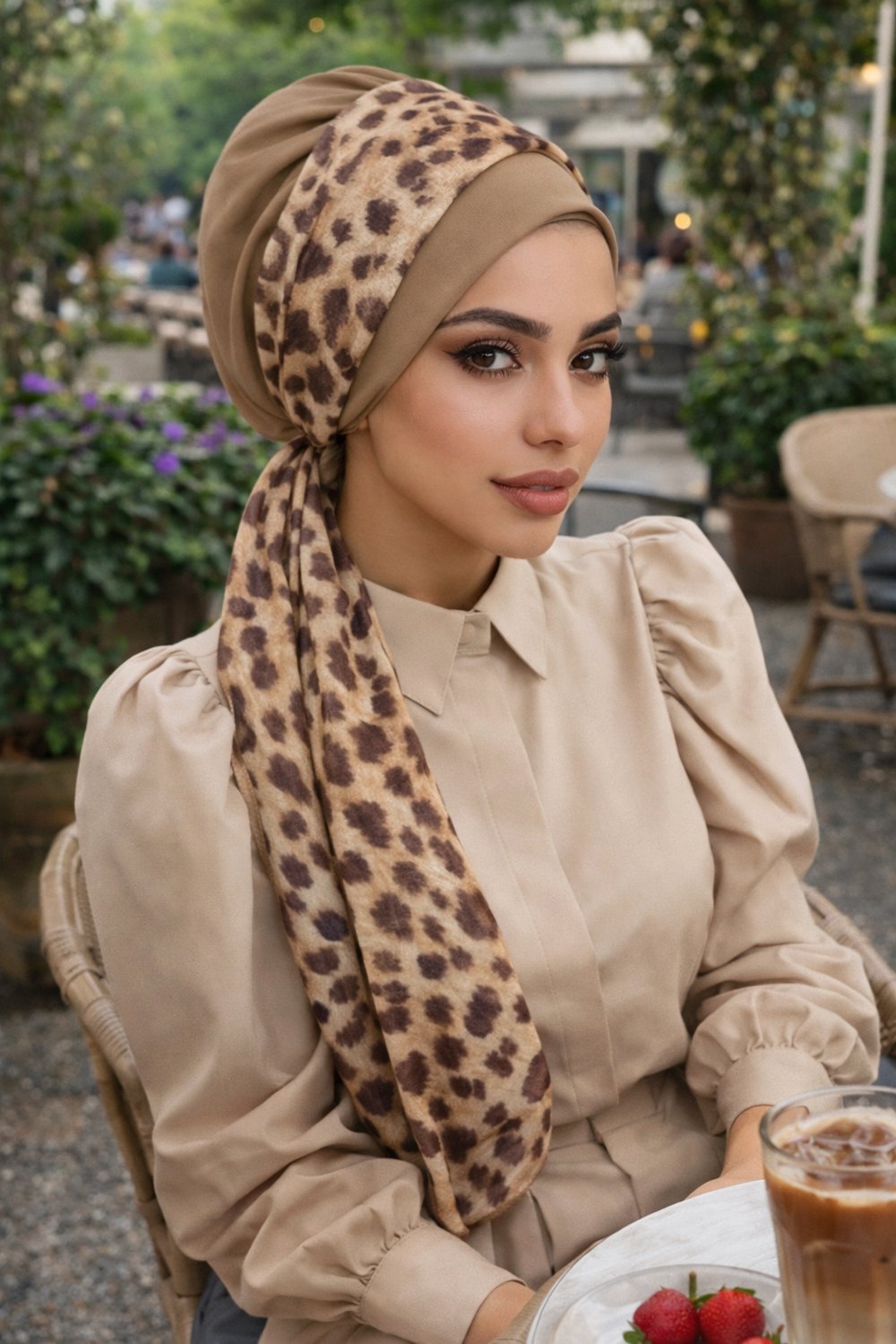 Bej Leopar Desen Fularlı Bone