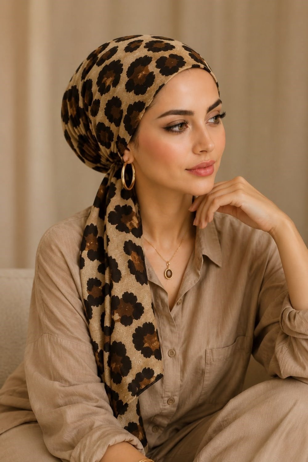 Bej Leopar Desenli Eşarp Bone