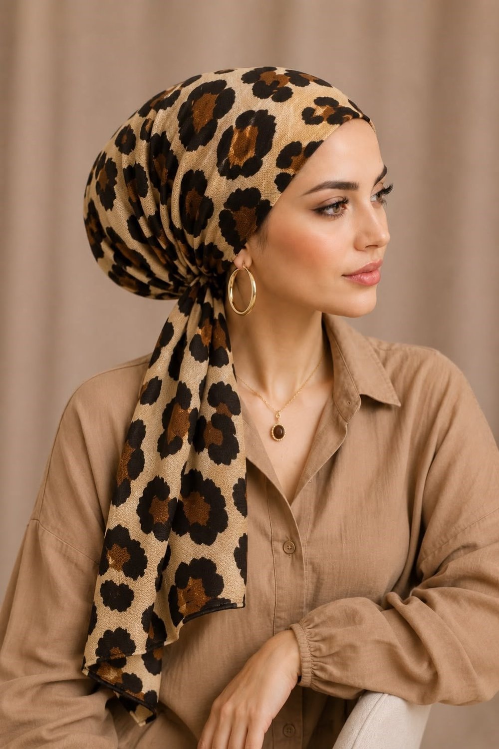 Bej Leopar Desenli Eşarp Bone