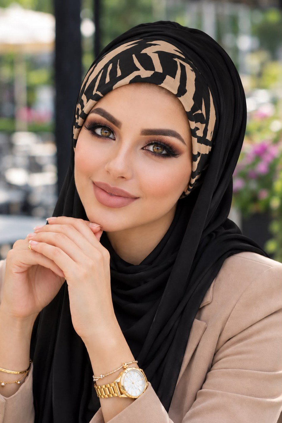 Bej Siyah Bandana Hazır Şal