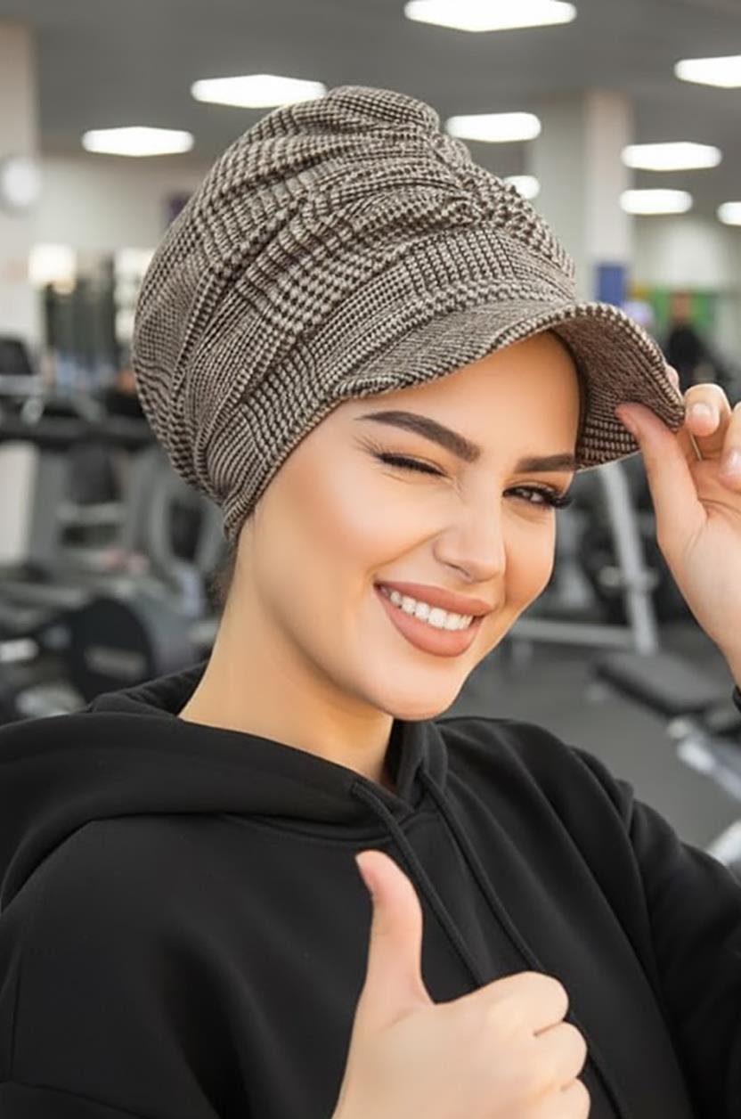 Bej Siyah Ekose Tesettür Şapka