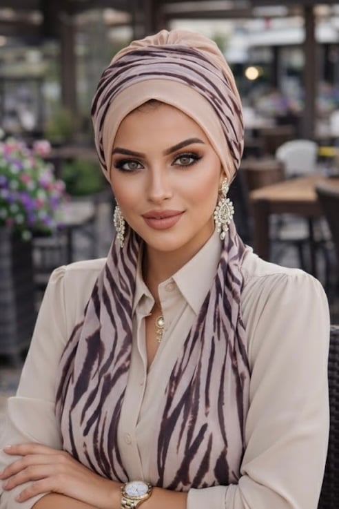 Bej Zebra Desen Fularlı Bone